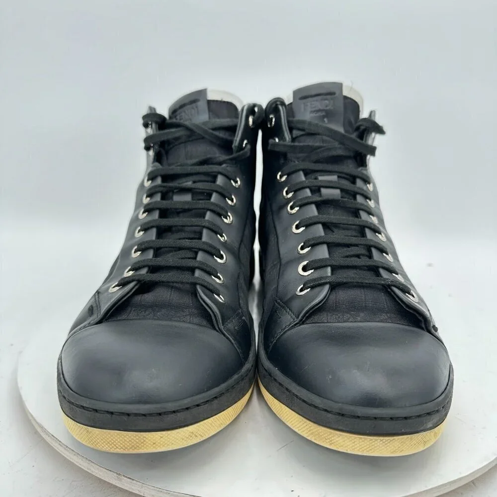 Fendi Men Size 9 Black Leather Printed High Top Lace Up Casual Shoes